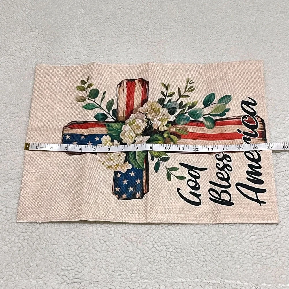 God Bless America Patriotic Garden Flag American Flag Cross Burlap 12x18